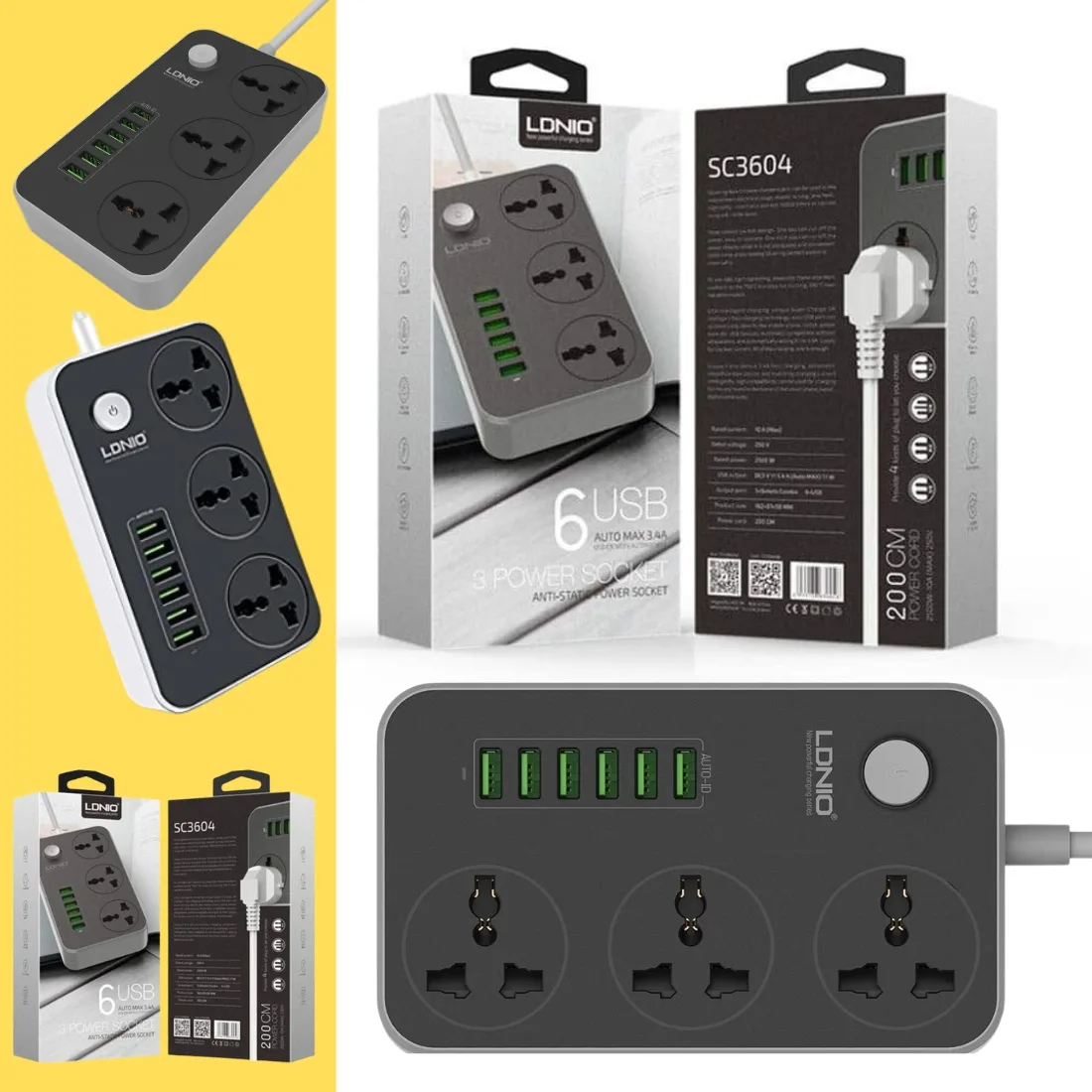 Ldnio SC3604 Power Strip with 3 AC Sockets and 6 USB Ports – Black