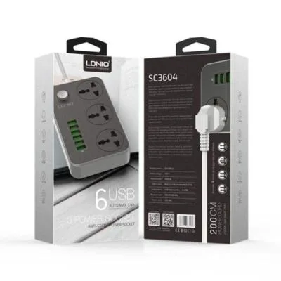Ldnio SC3604 Power Strip with 3 AC Sockets and 6 USB Ports – Black