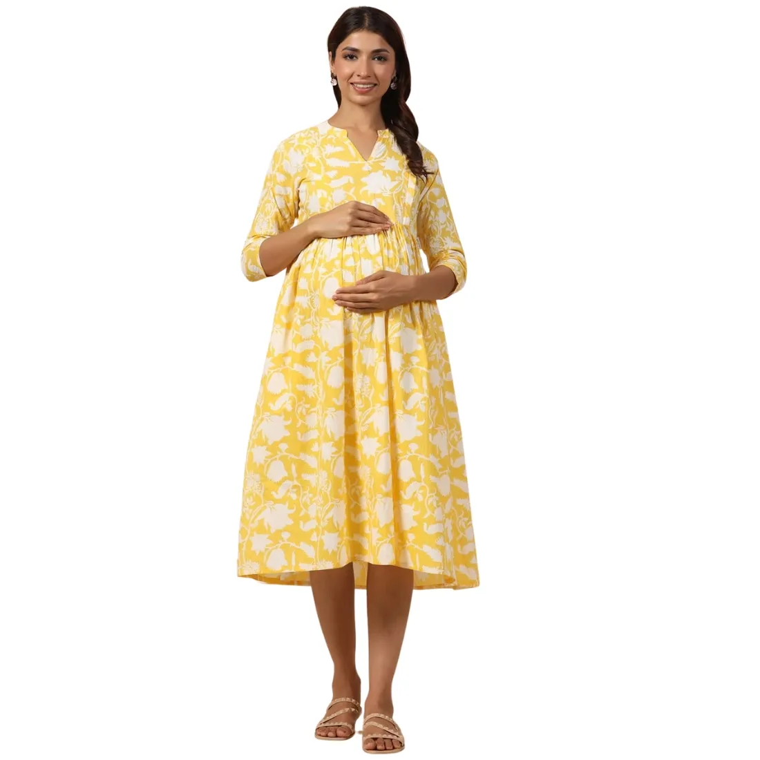 Pregnent Woman Floral Print A-Line Dress with Insert Pocket
