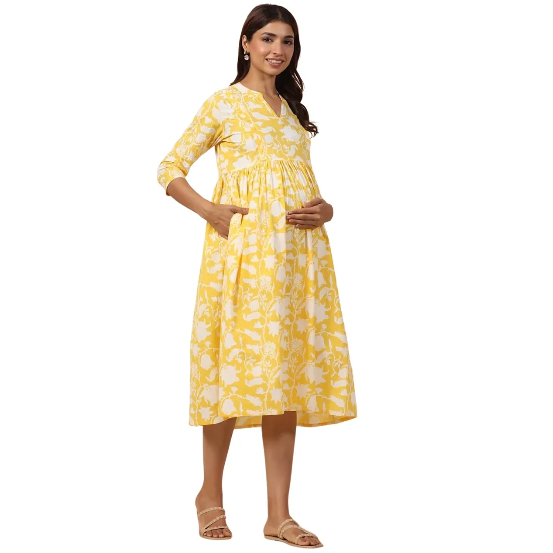 Pregnent Woman Floral Print A-Line Dress with Insert Pocket thumb 2